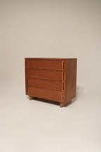 Main front view of vintage solid wood dresser chest of drawers with stained walnut finish, sturdy frame and four spacious drawers