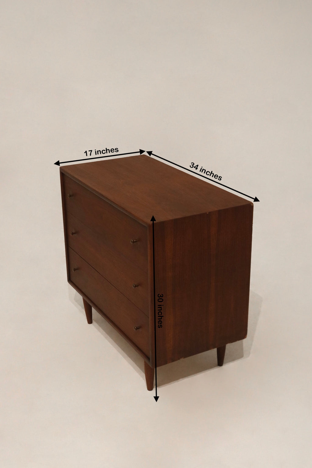 Size reference image showing dimensions of walnut wood small dresser: 34'L x 17'D x 30'H