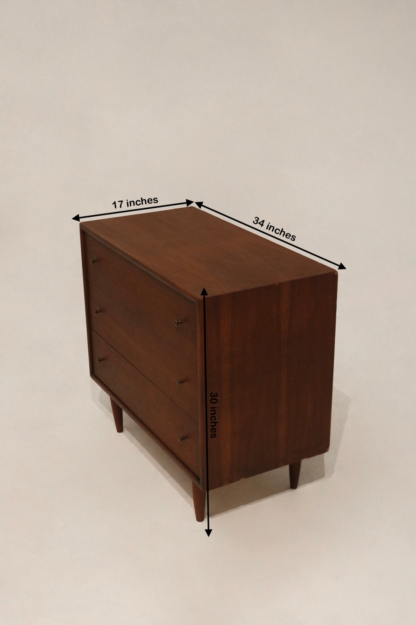 Size reference image showing dimensions of walnut wood small dresser: 34'L x 17'D x 30'H