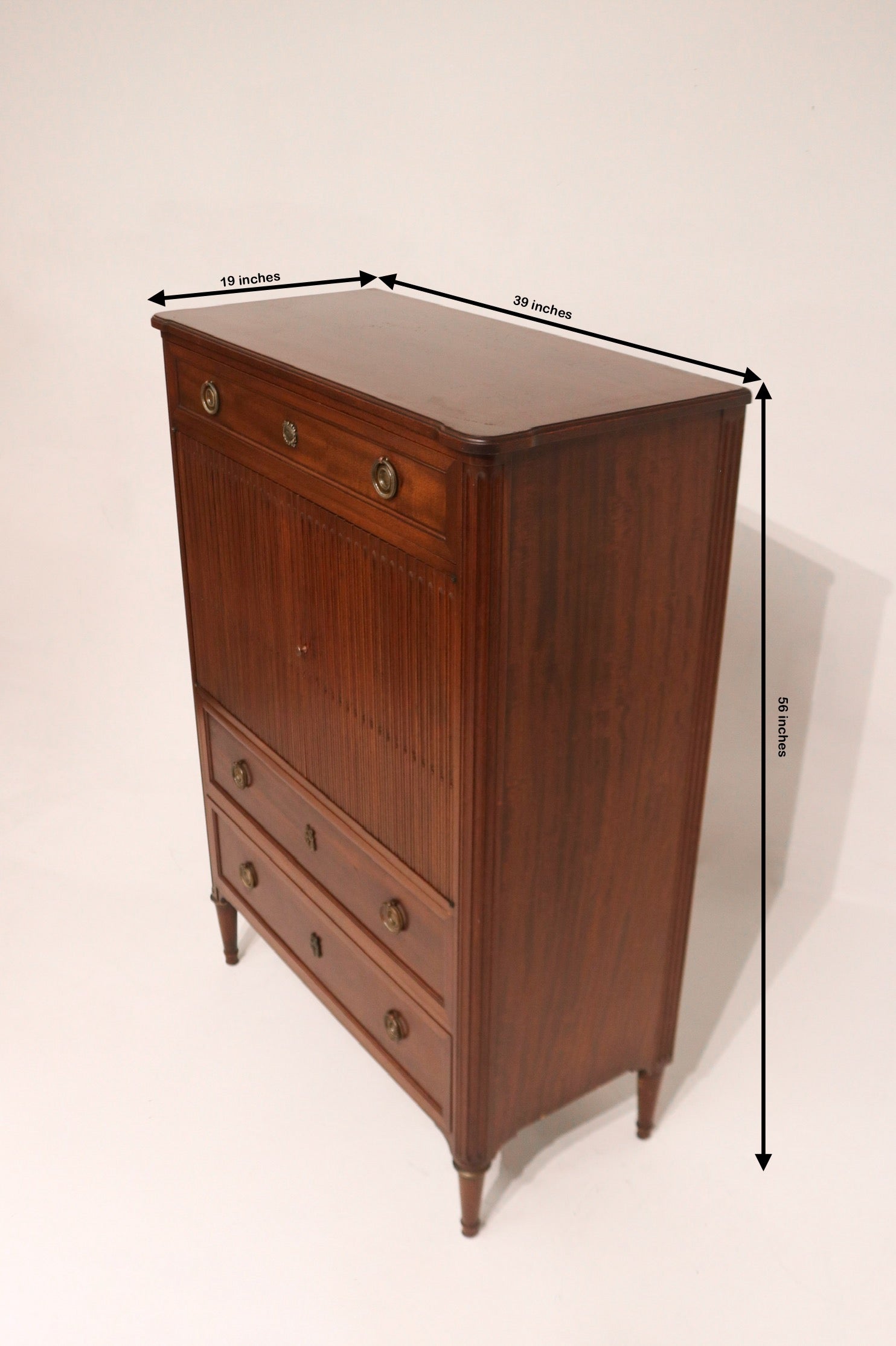 Dimensions of Vintage Mahogany Wood Mcm Chest Of Drawers Dresser with measurements: 39 inches long, 19 inches deep, 56 inches high