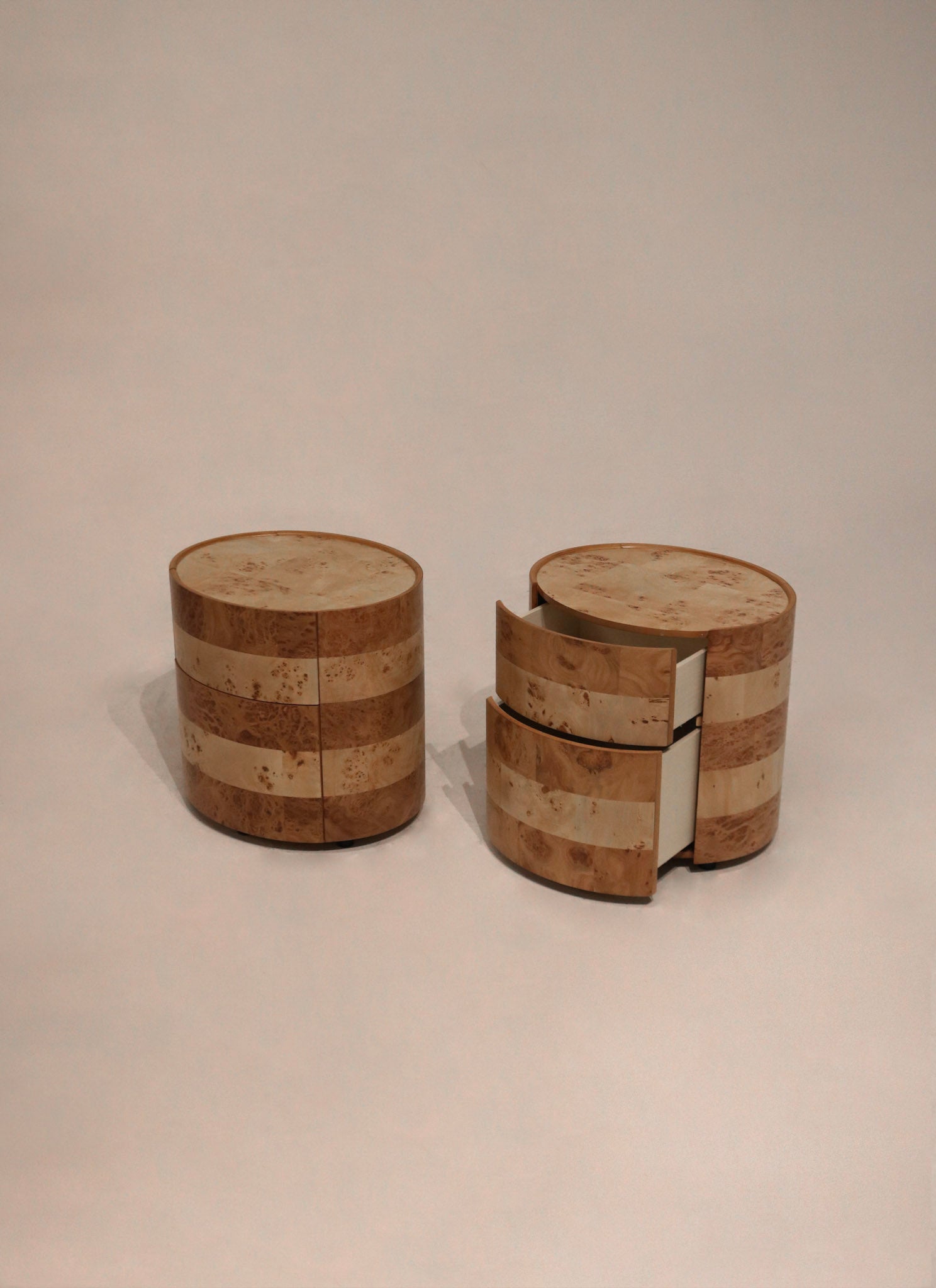 Set of 2 burl wood veneer nightstands featuring drawers, modern design in natural wood finish