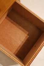 Open drawer view showing interior of the oak wood bookcase cabinet