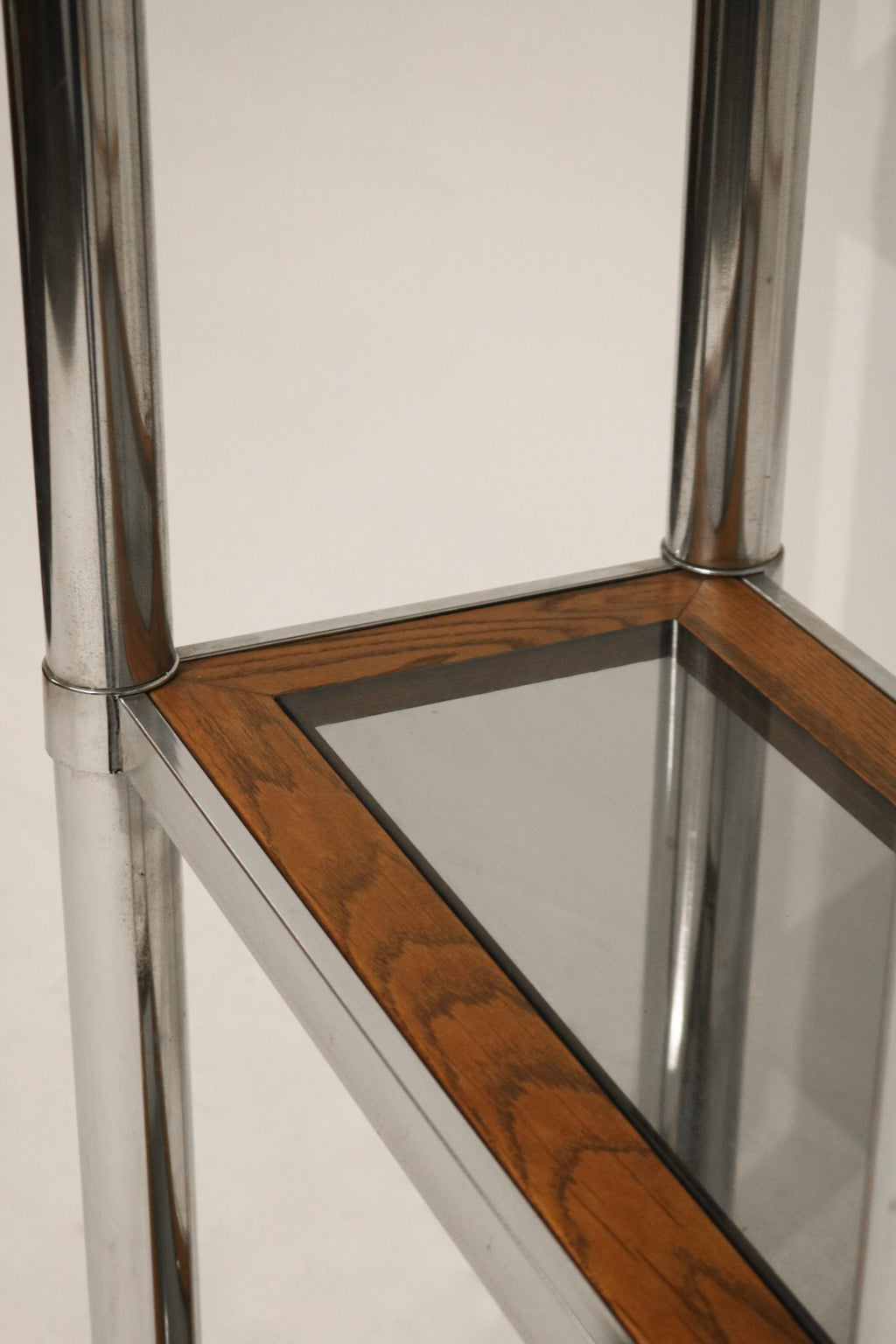 View from above showing layout symmetry and shelf spacing of Vintage Chrome Glass Wood Bookcase