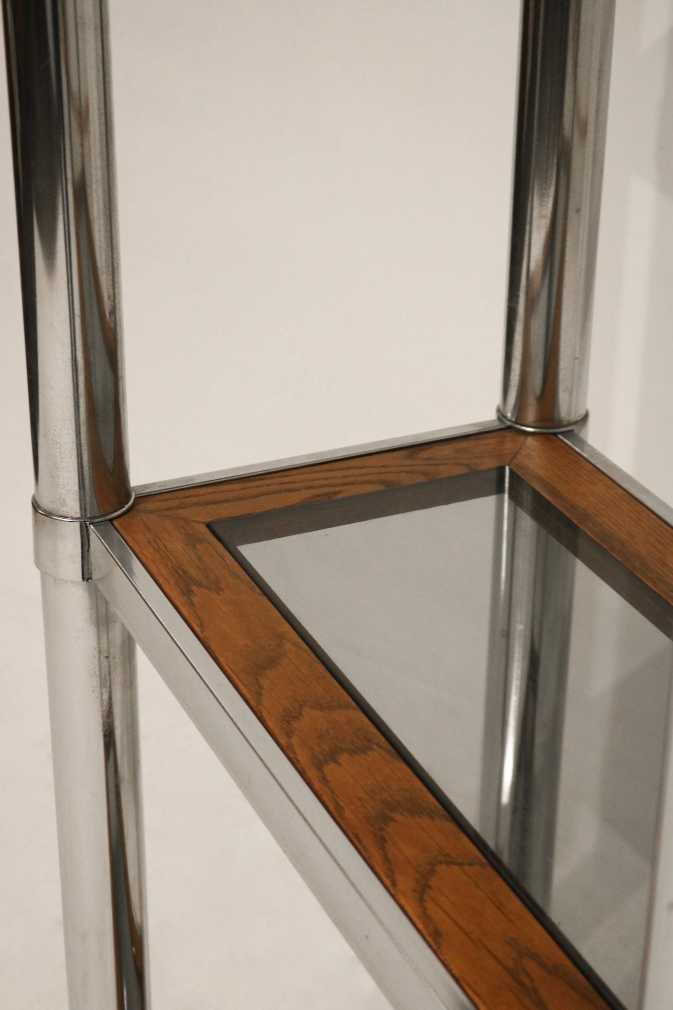 View from above showing layout symmetry and shelf spacing of Vintage Chrome Glass Wood Bookcase