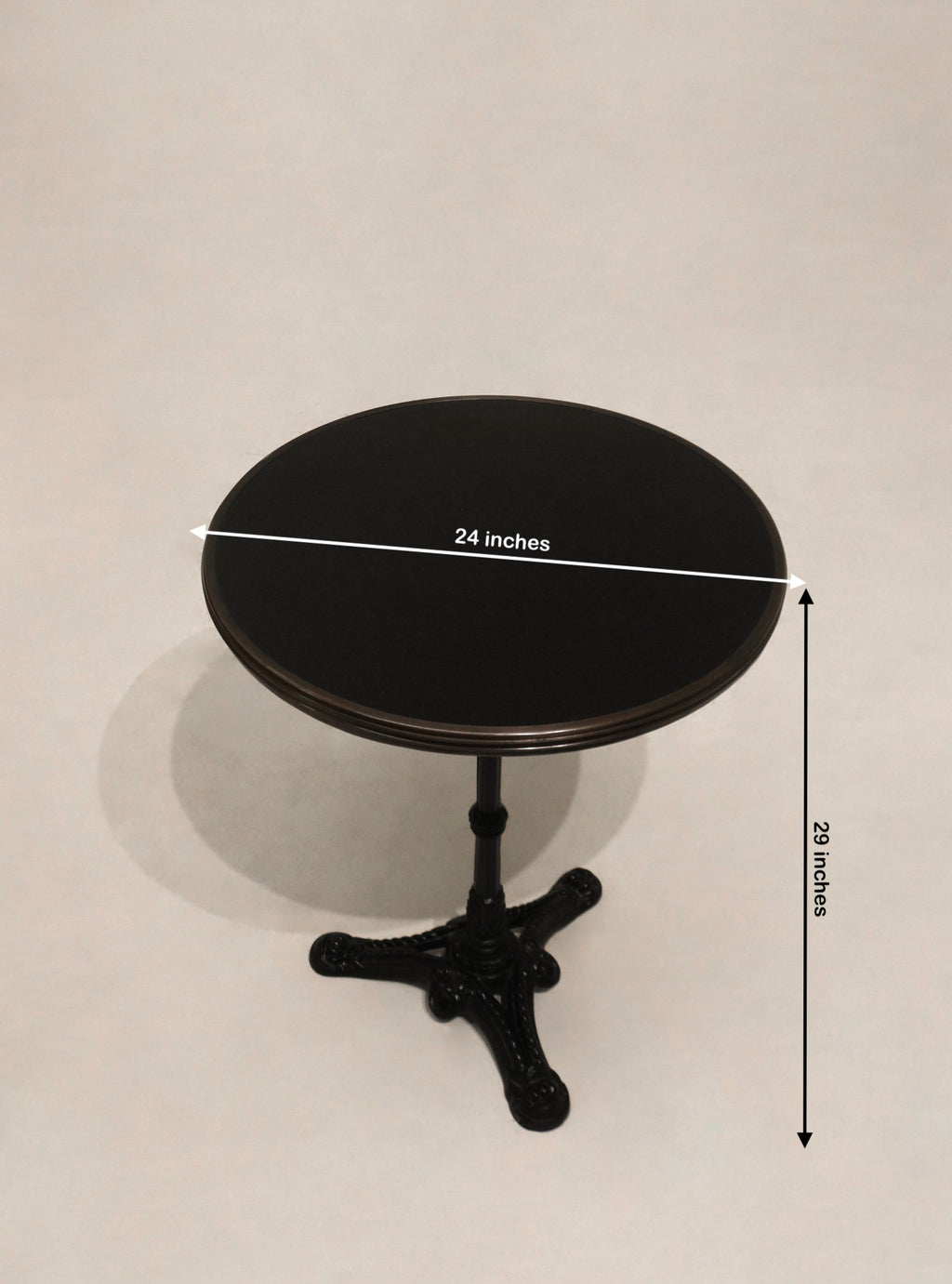 Size chart of Vintage Stone Iron Metal Round Bistro Table measuring 24 inches diameter and 29 inches height