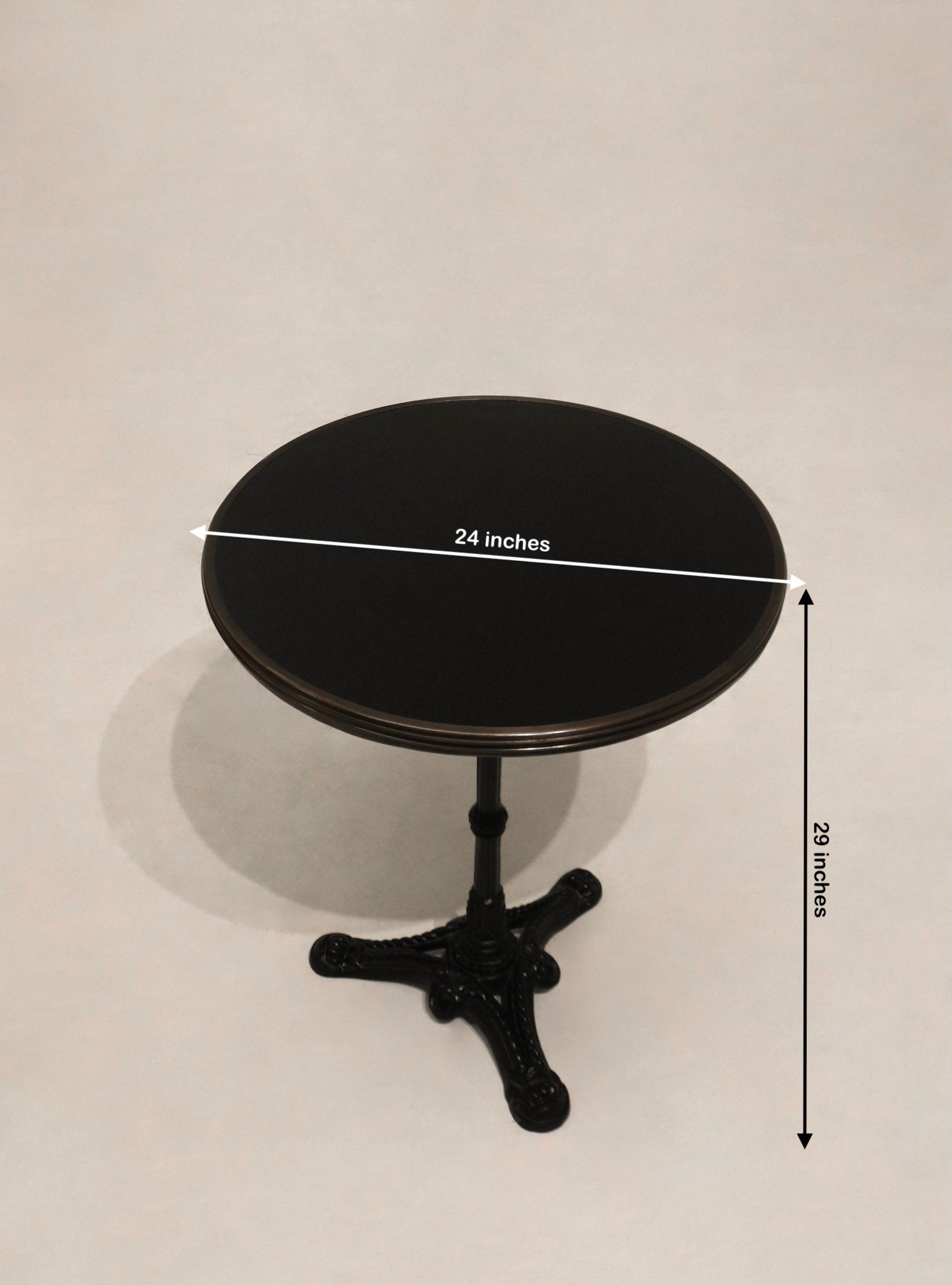 Size chart of Vintage Stone Iron Metal Round Bistro Table measuring 24 inches diameter and 29 inches height