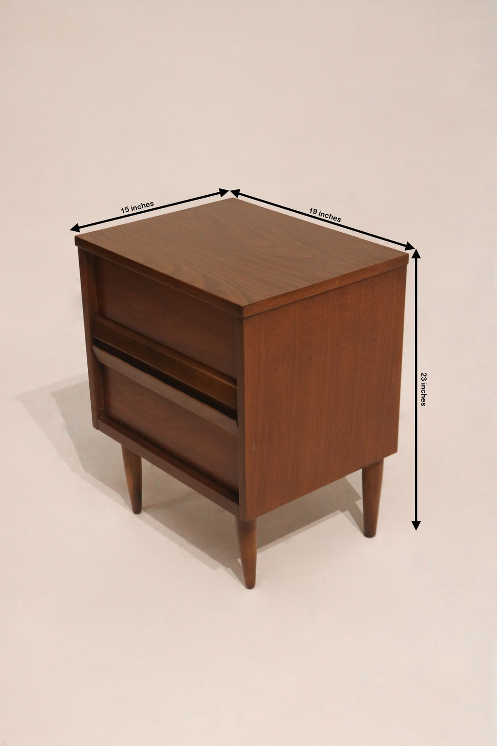 Dimensions of vintage walnut bedside table: 19 inches L x 15 inches D x 23 inches H