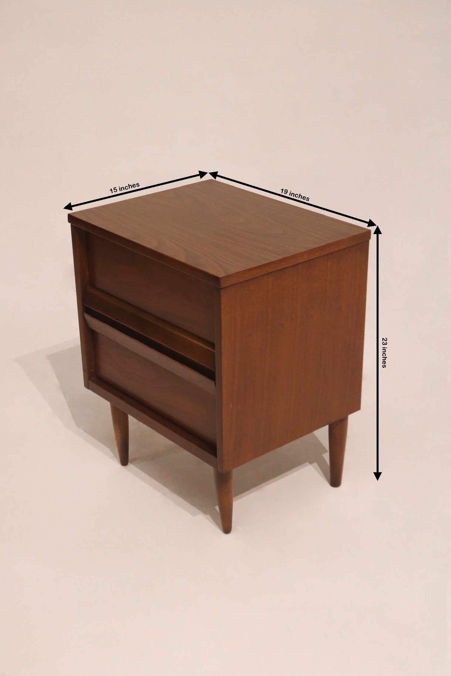 Dimensions of vintage walnut bedside table: 19 inches L x 15 inches D x 23 inches H