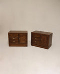 Main view of a pair of Vintage MCM Thomasville solid walnut wood nightstands showing two drawers, walnut finish and sturdy mid-century legs. Perfect for NYC apartments.