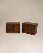 Main view of a pair of Vintage MCM Thomasville solid walnut wood nightstands showing two drawers, walnut finish and sturdy mid-century legs. Perfect for NYC apartments.