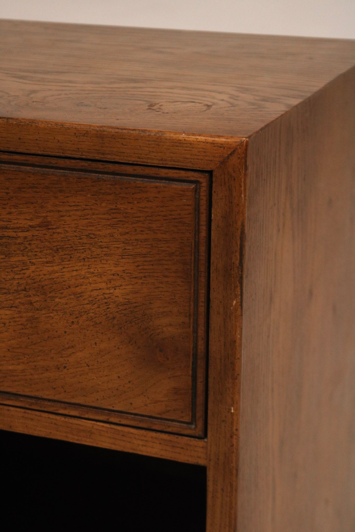 Interior view of open drawer from Oak Wood Nightstand showing clean interior and functional slides
