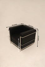 Dimensions of black leather and chrome LC2 chairs: 30L x 29D x 27H, seat height 17 inches