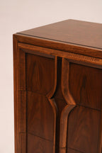Side view showing depth and profile of the mid century solid walnut Highboy Dresser