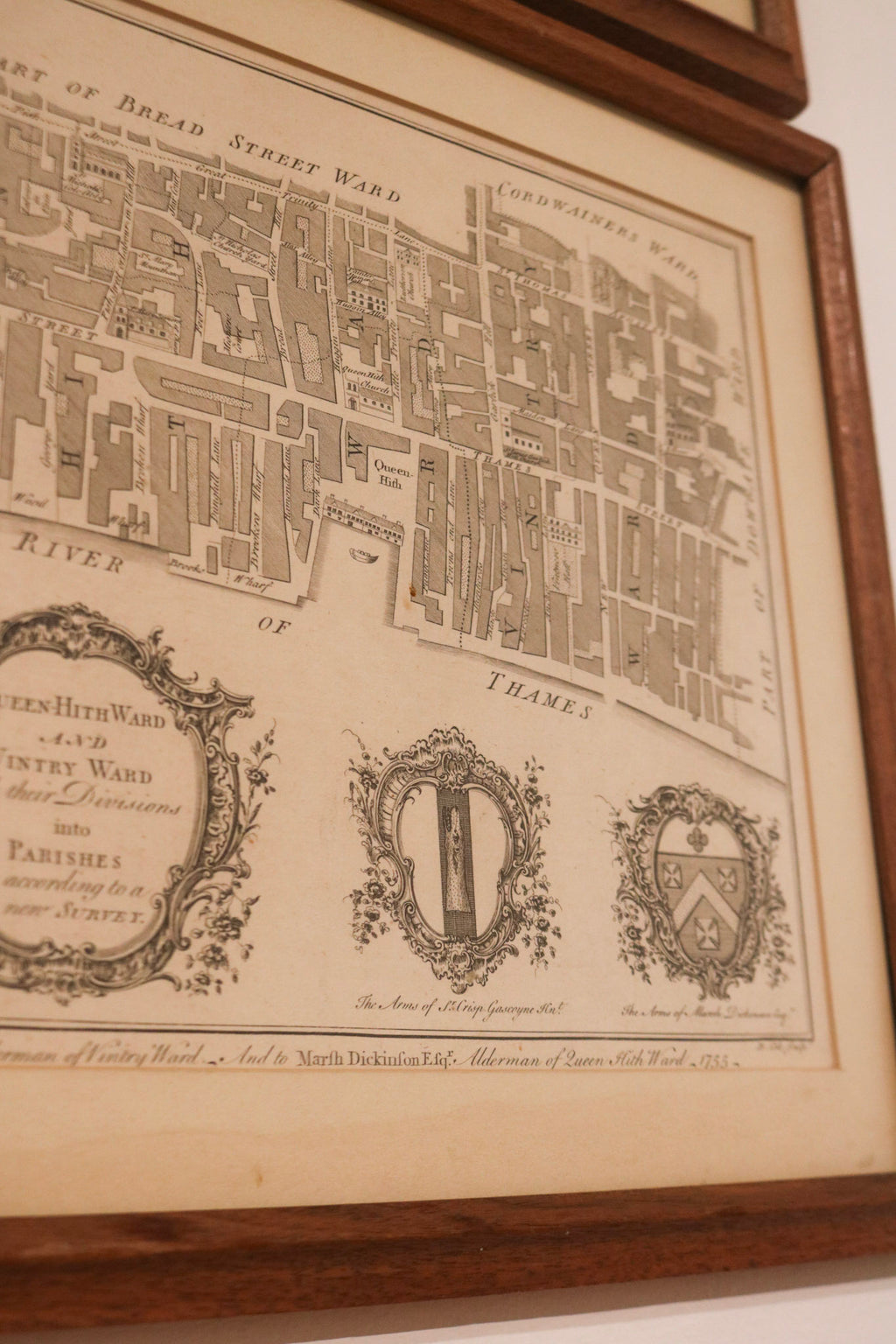 Detail view of frame seam and joinery on antique map wall art
