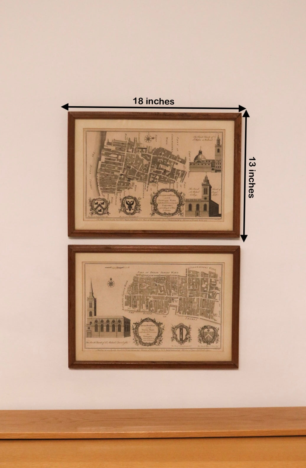 Size display of the framed antique maps showing 18 by 13 inches dimensions
