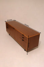 Detailed image showing measurements of the walnut credenza, highlighting 79L x 22D x 29H size