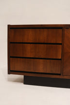 Corner detail showing edge finish, slight wear and minor scratches consistent with vintage walnut wood furniture condition