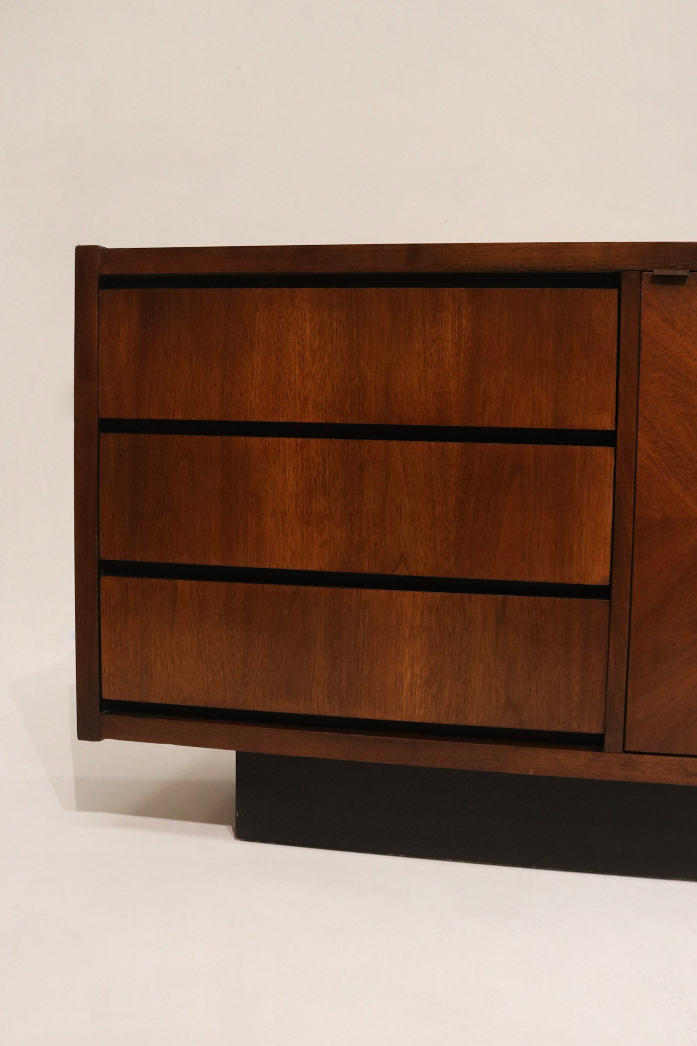 Corner detail showing edge finish, slight wear and minor scratches consistent with vintage walnut wood furniture condition
