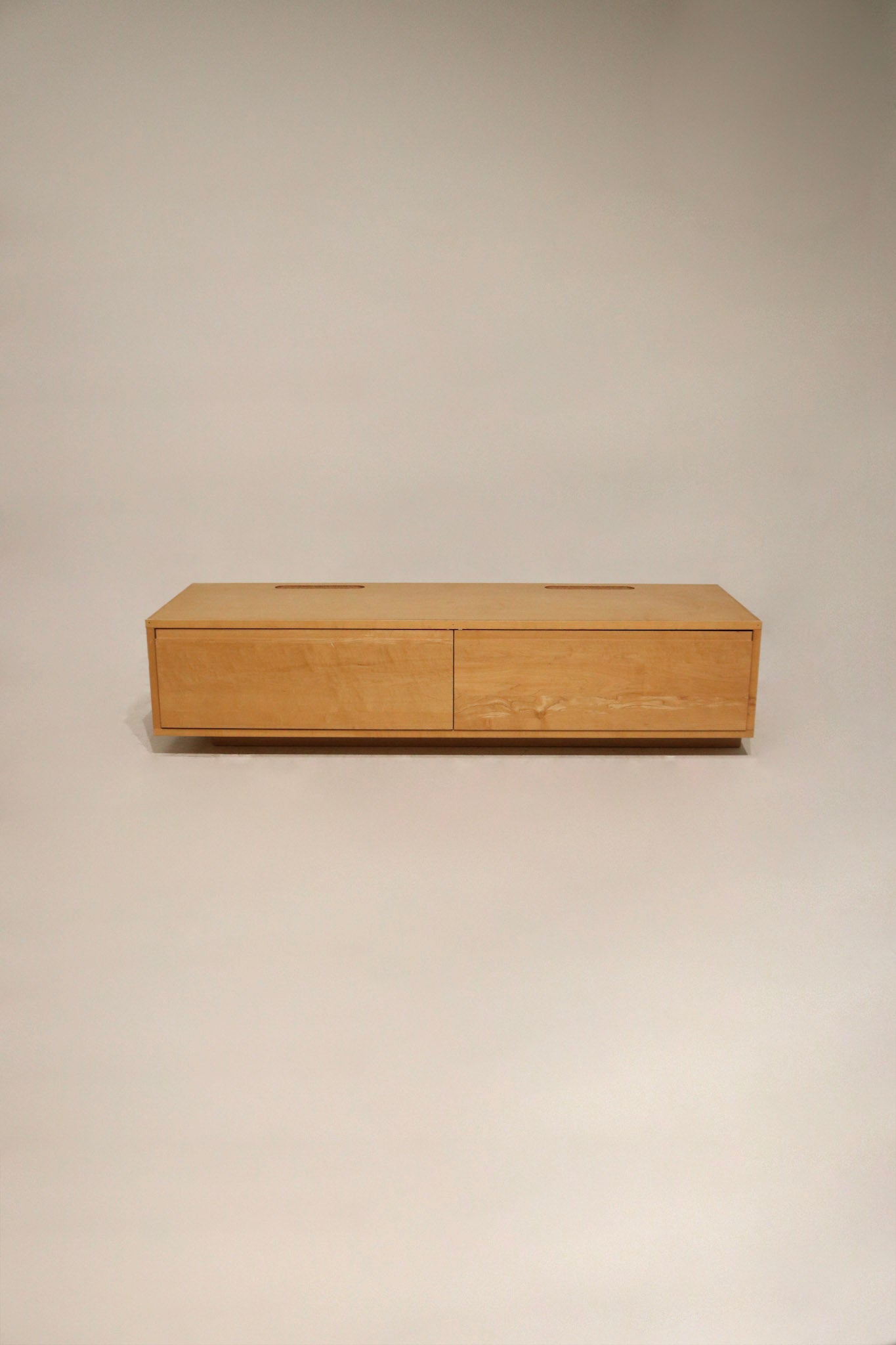 Main view of Modern Room & Board solid oak TV console cabinet in natural oak, 72L x 24D x 18H, light right-side scratch visible