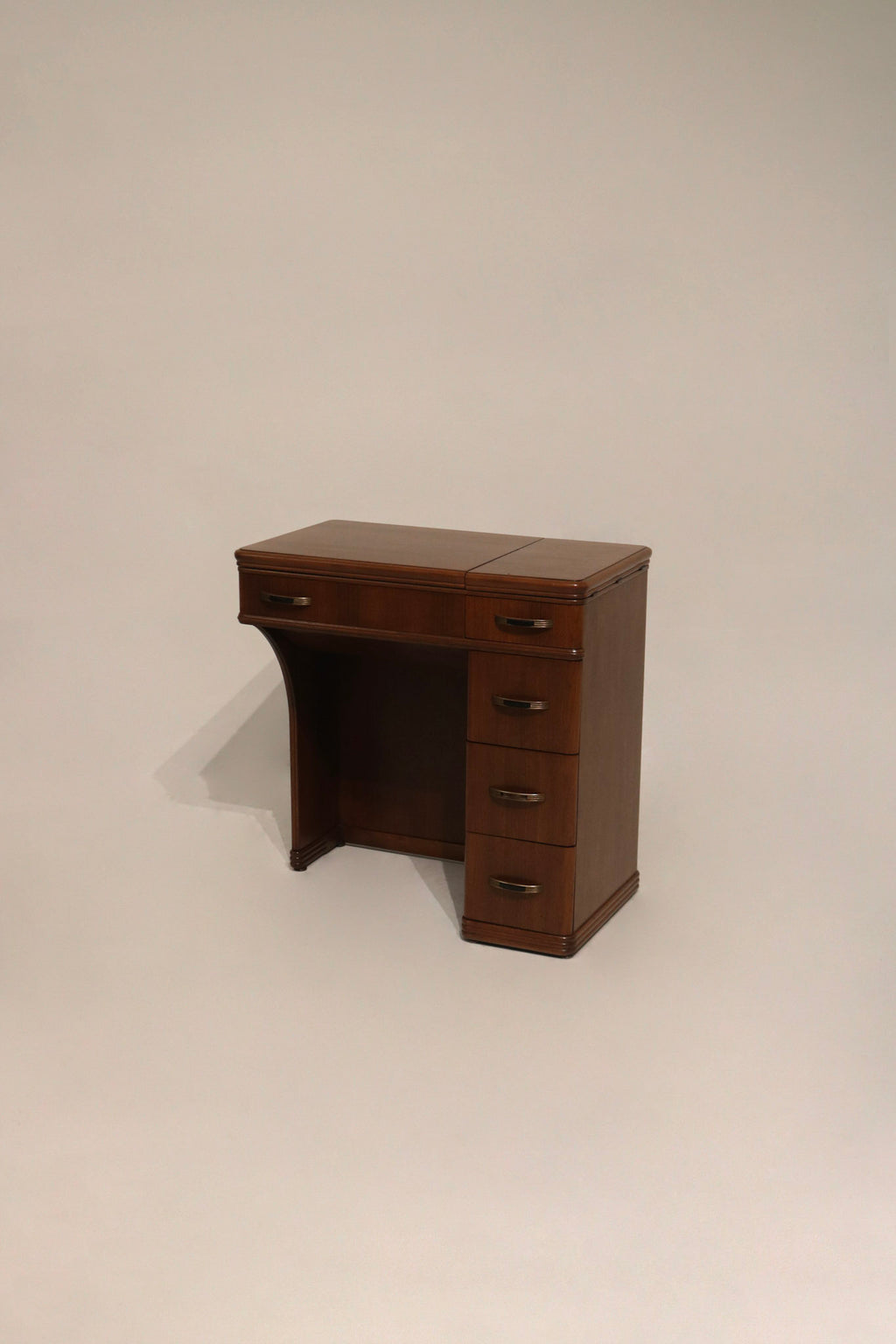 Main image: extendable vintage walnut wood small desk side table with two fold-out leaves, storage drawers and intact legs
