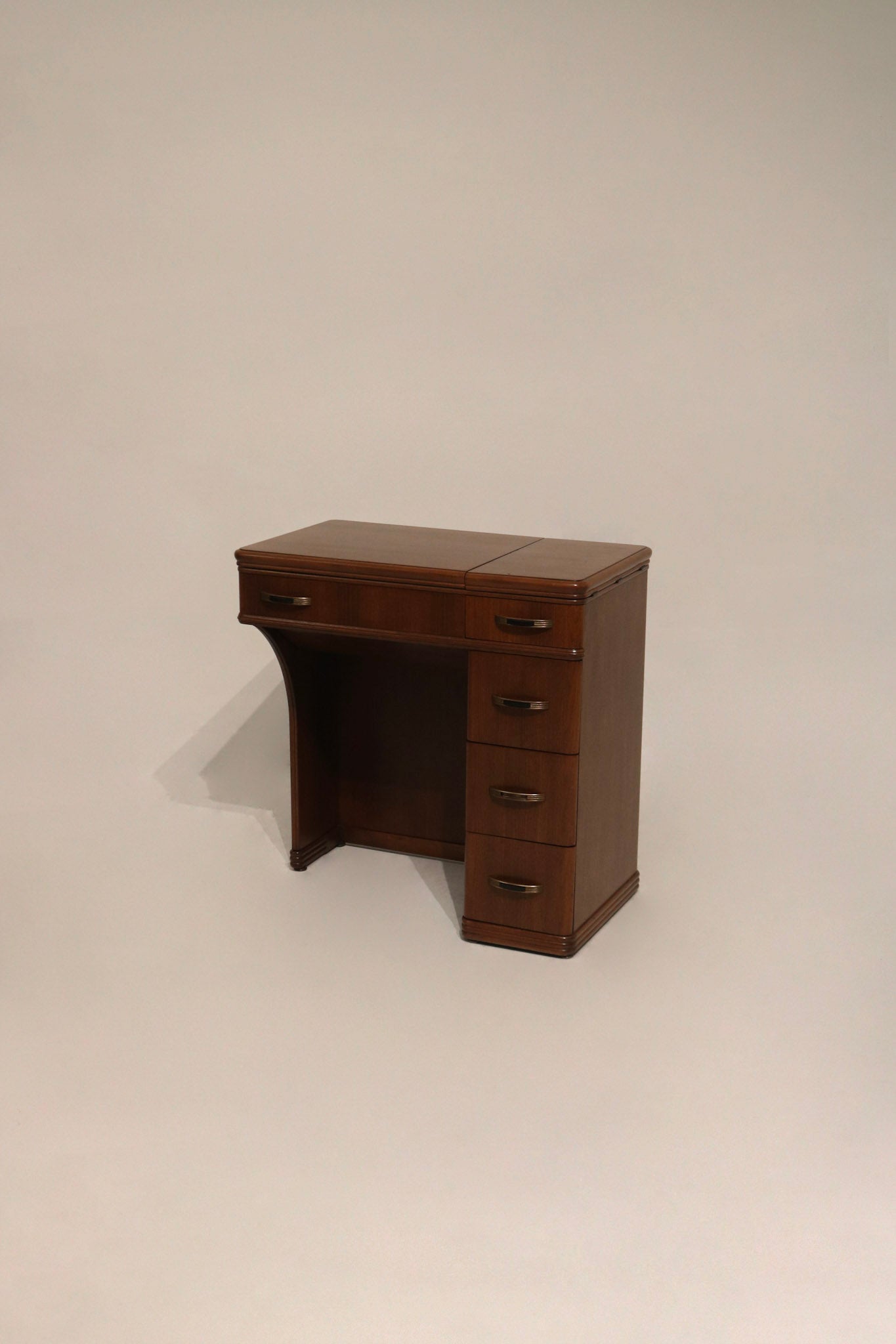 Main image: extendable vintage walnut wood small desk side table with two fold-out leaves, storage drawers and intact legs