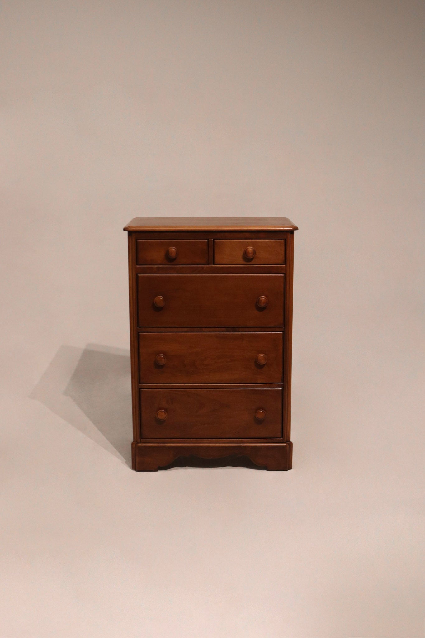 Full view of vintage solid maple wood dresser chest of drawers highboy in natural maple finish