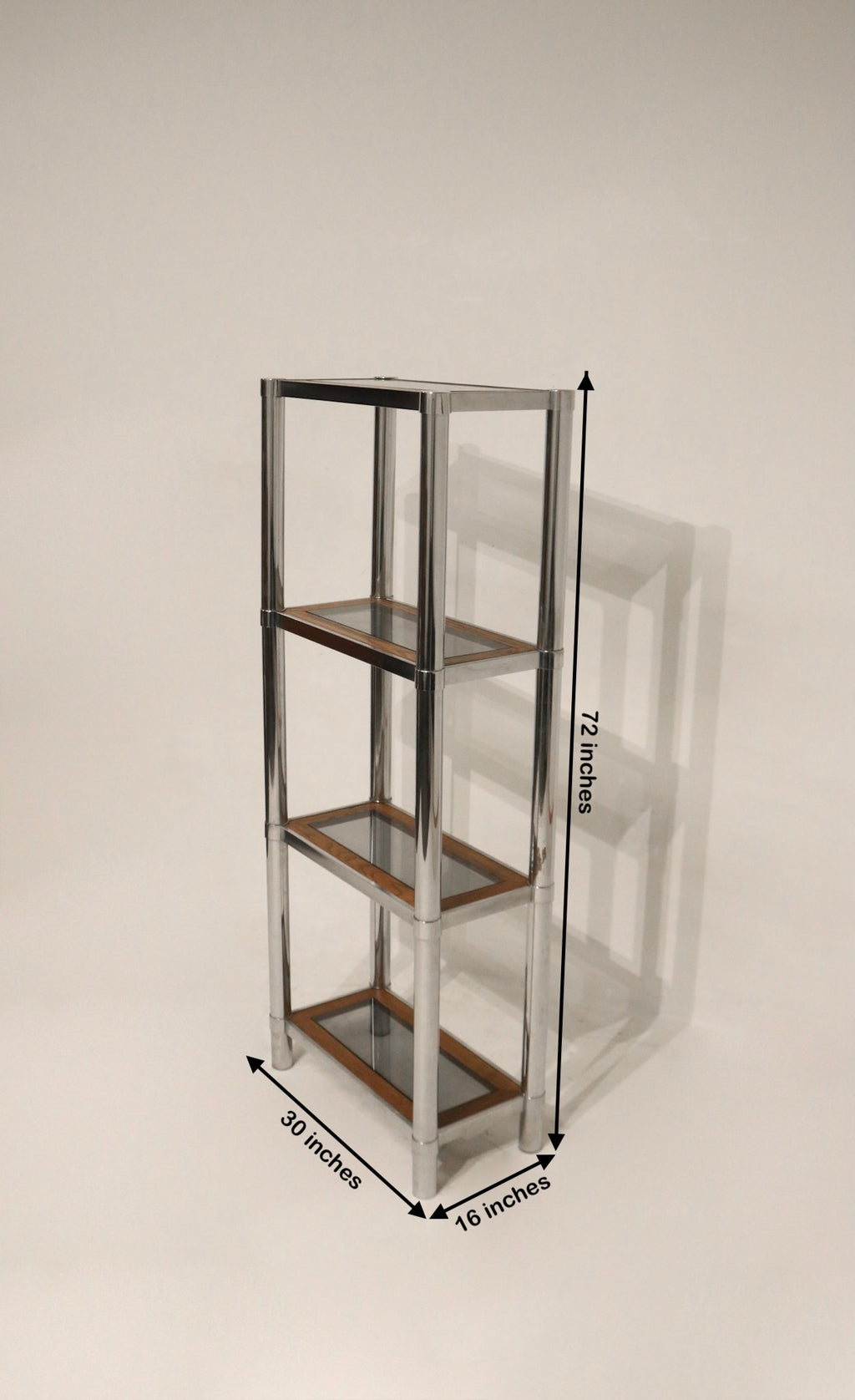 Dimensions of the Vintage Chrome Glass Wood Bookcase showing 30 inches wide, 16 inches deep, 72 inches tall