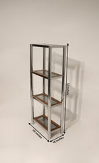 Dimensions of the Vintage Chrome Glass Wood Bookcase showing 30 inches wide, 16 inches deep, 72 inches tall