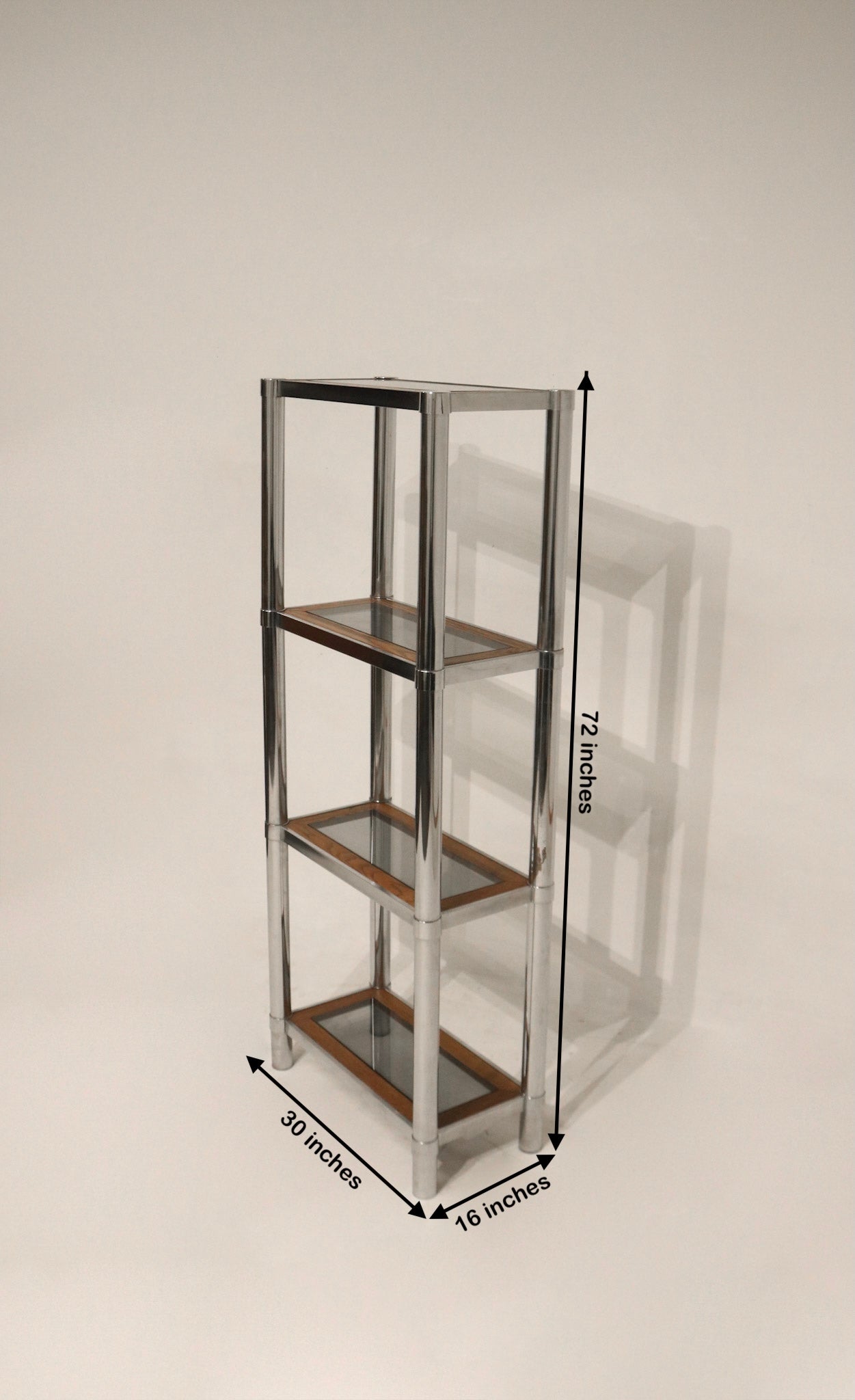 Dimensions of the Vintage Chrome Glass Wood Bookcase showing 30 inches wide, 16 inches deep, 72 inches tall