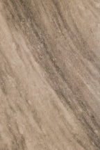 Side angle highlighting blocky, sturdy base and clean vintage lines of stone end table