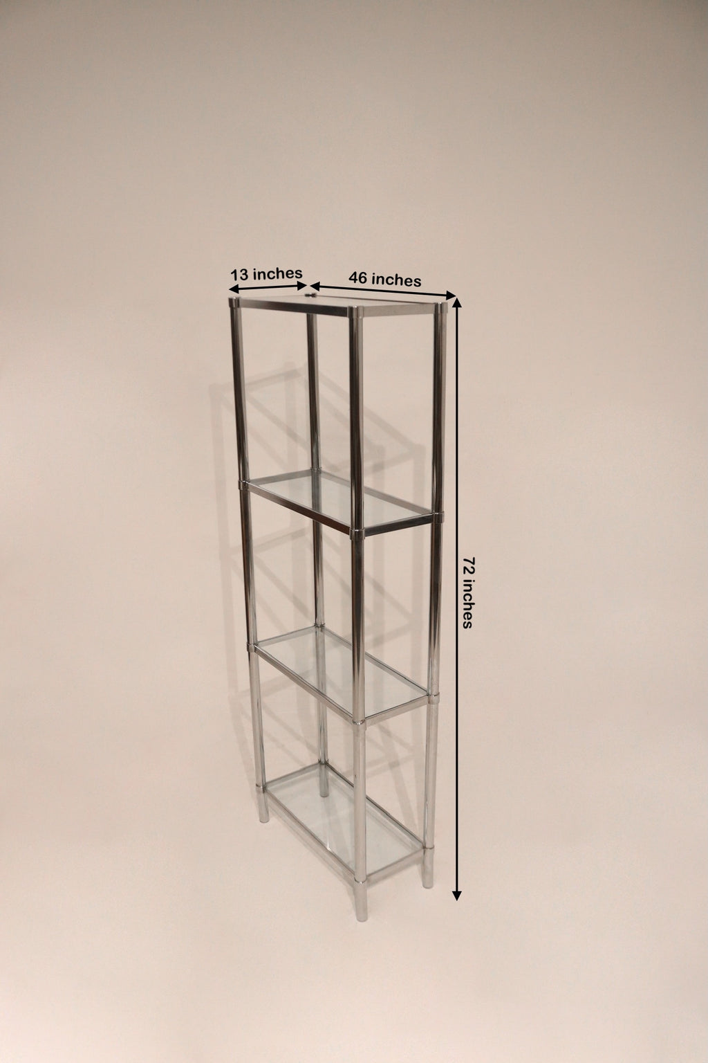 Close-up of Vintage Mcm Chrome Steel Glass Bookcase Bookshelf with visible dimensions 46x13x72 inches