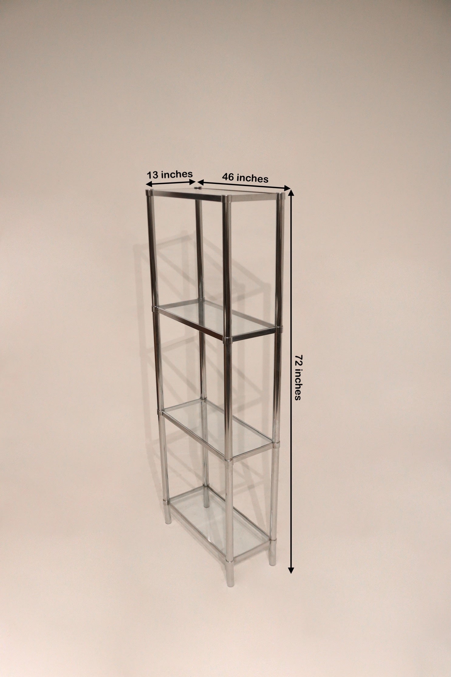 Close-up of Vintage Mcm Chrome Steel Glass Bookcase Bookshelf with visible dimensions 46x13x72 inches