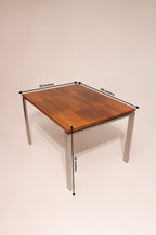 Detailed image showing dimensions of the solid wood and steel dining table: 48in L x 36in D x 30in H