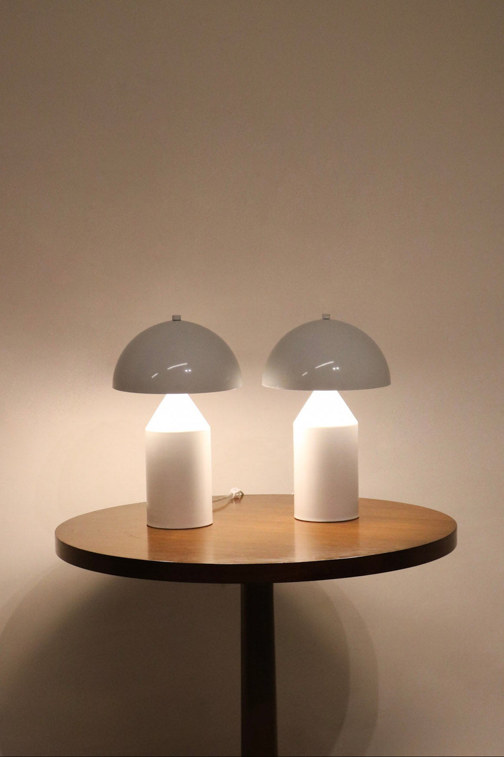 Main view of Set Of 2 Modern White Dome Mushroom Table Lamps made of white metal with dome-shaped tops