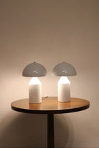 Main view of Set Of 2 Modern White Dome Mushroom Table Lamps made of white metal with dome-shaped tops
