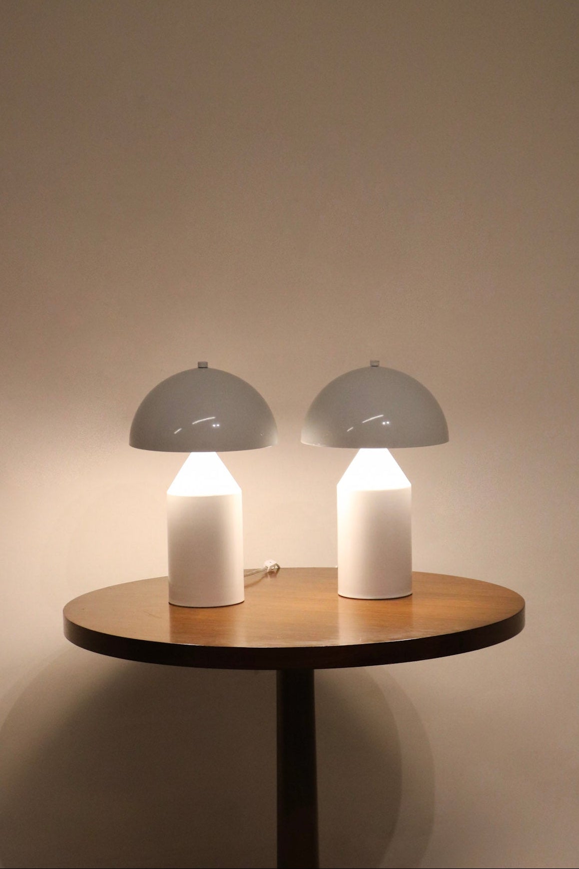 Main view of Set Of 2 Modern White Dome Mushroom Table Lamps made of white metal with dome-shaped tops