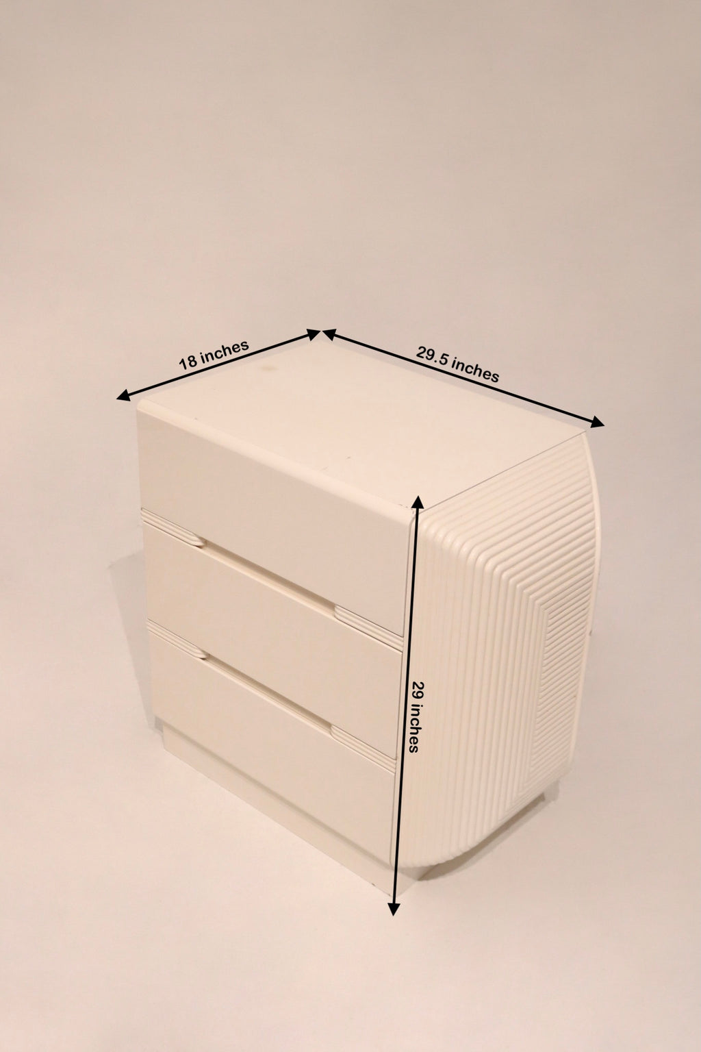 Dimensions view showing 59-inch length, 18-inch depth, and 29-inch height of the white dresser
