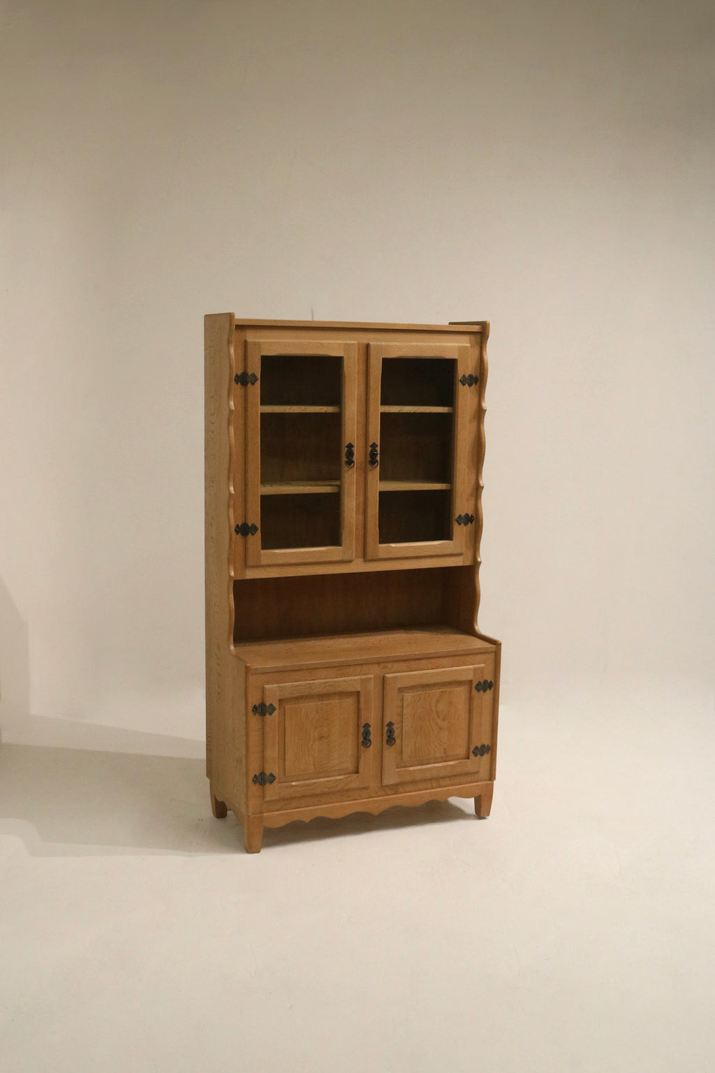 Brutalist oak hutch cabinet with glass doors