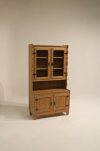 Brutalist oak hutch cabinet with glass doors