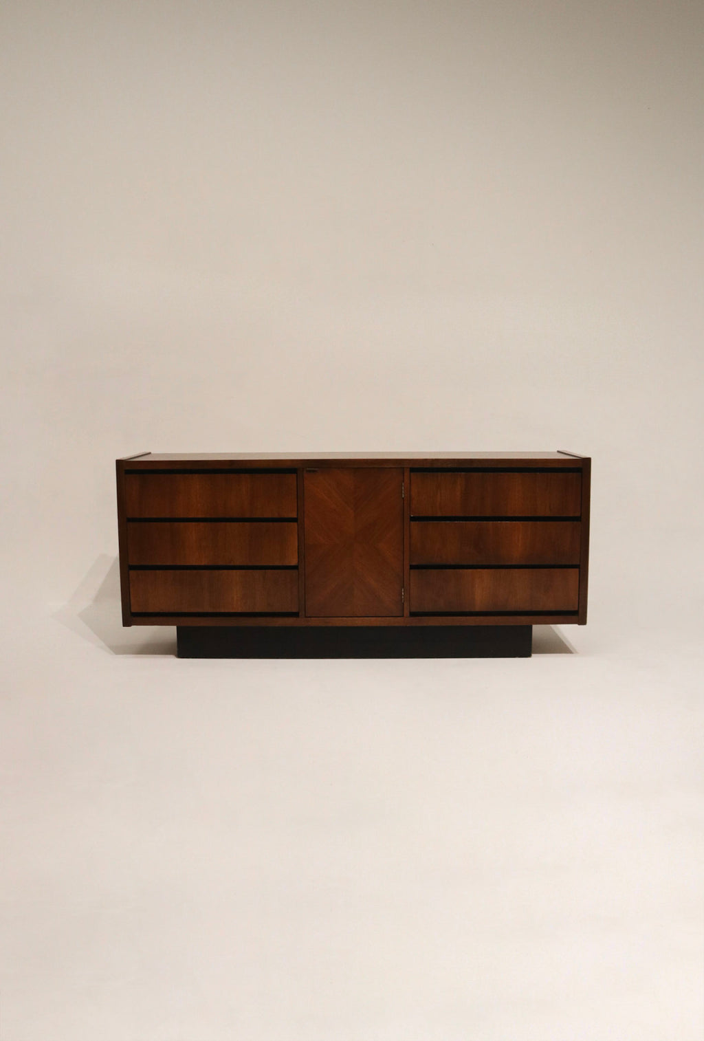 Full front view of Vintage Mcm Walnut Wood Dresser Credenza By Lane, solid walnut finish, long low profile and sturdy storage presence
