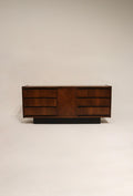Full front view of Vintage Mcm Walnut Wood Dresser Credenza By Lane, solid walnut finish, long low profile and sturdy storage presence
