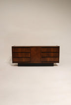 Full front view of Vintage Mcm Walnut Wood Dresser Credenza By Lane, solid walnut finish, long low profile and sturdy storage presence
