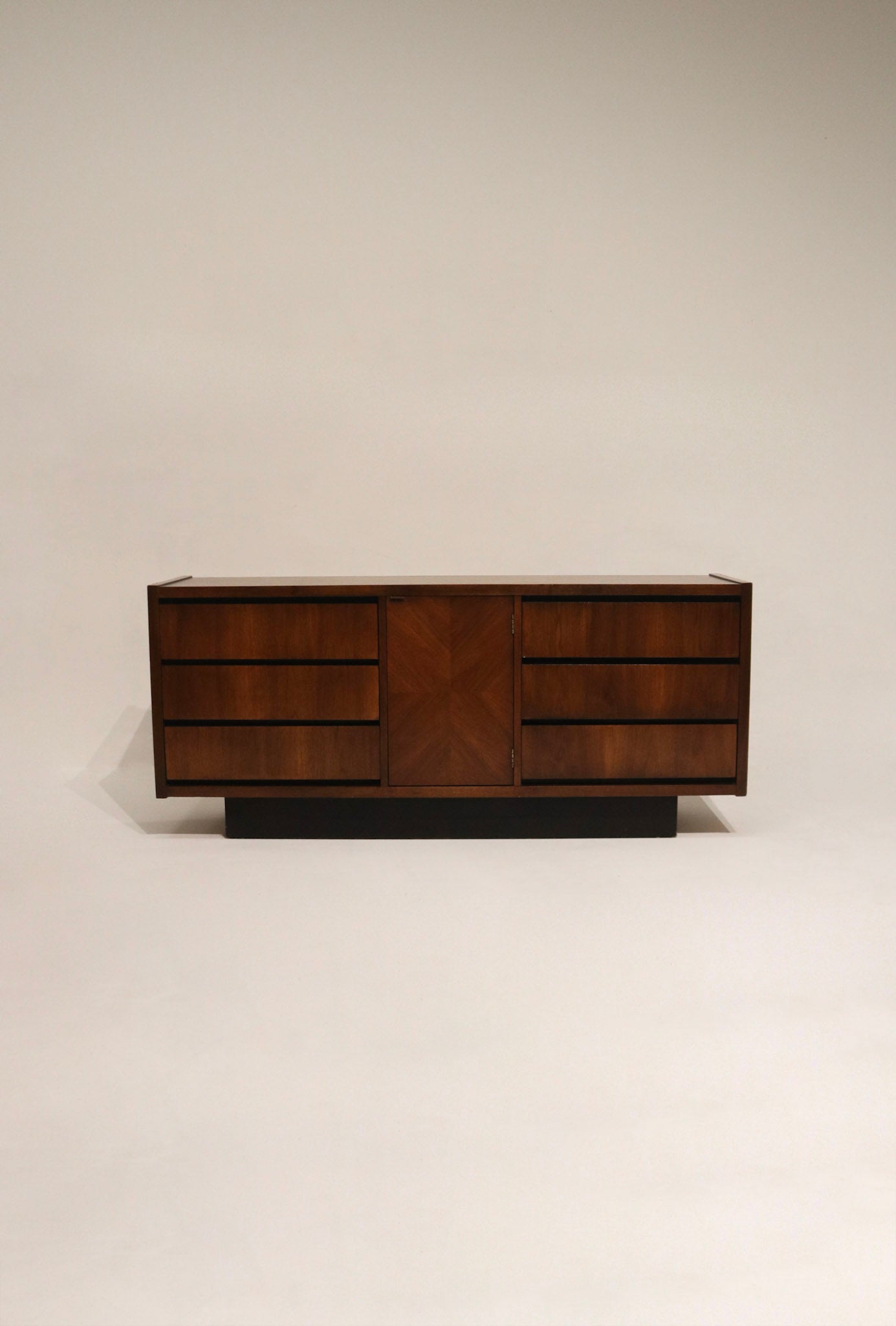 Full front view of Vintage Mcm Walnut Wood Dresser Credenza By Lane, solid walnut finish, long low profile and sturdy storage presence