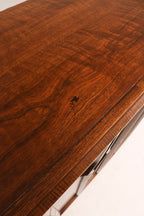 Perspective shot emphasizing vertical design and spacious storage of solid wood vintage dresser