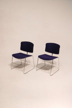Full view of Stackable Steelcase Max Stacker Chairs set with blue fabric seats and metal frame