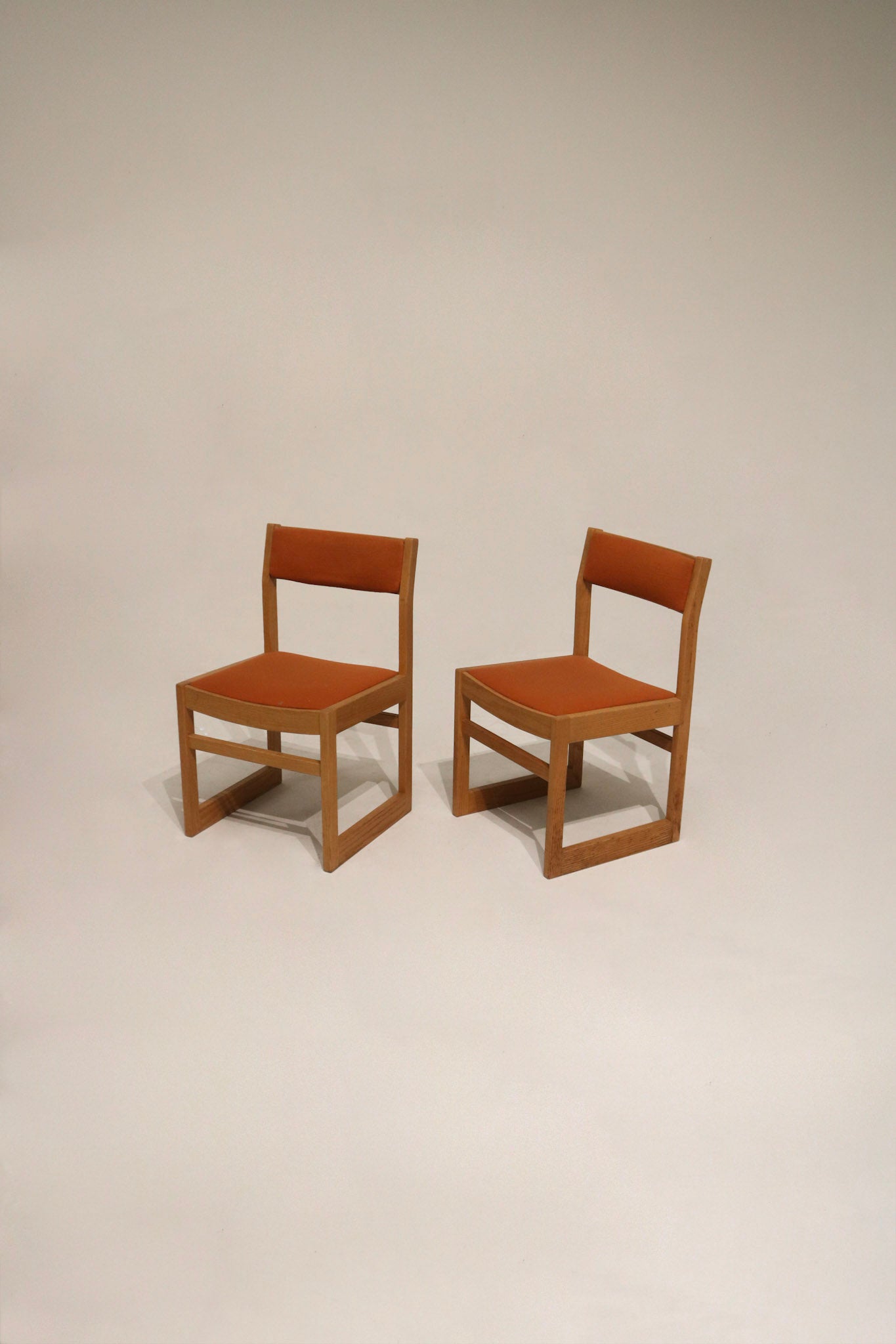 Vintage dining chairs with light oak frame and orange tweed upholstery