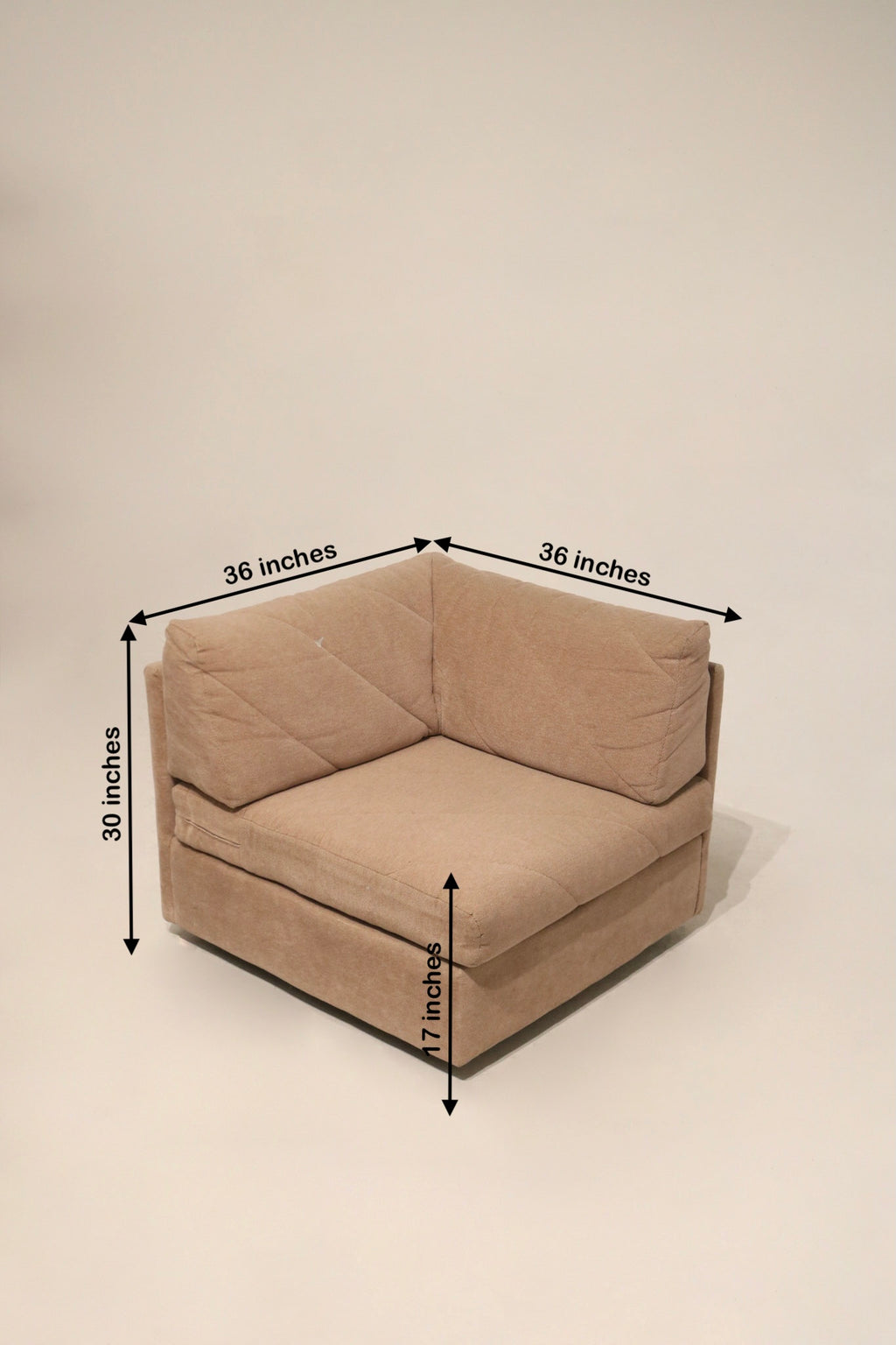 Leg and base detail of Mcm modular sectional fabric sofa revealing wooden/covered base, hardware attachment and low-profile midcentury look