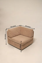 Leg and base detail of Mcm modular sectional fabric sofa revealing wooden/covered base, hardware attachment and low-profile midcentury look