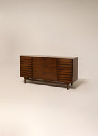 Full view of Mid-Century Modern walnut dresser, solid wood, 65L x 19D x 34H, sturdy drawers, minimal marks