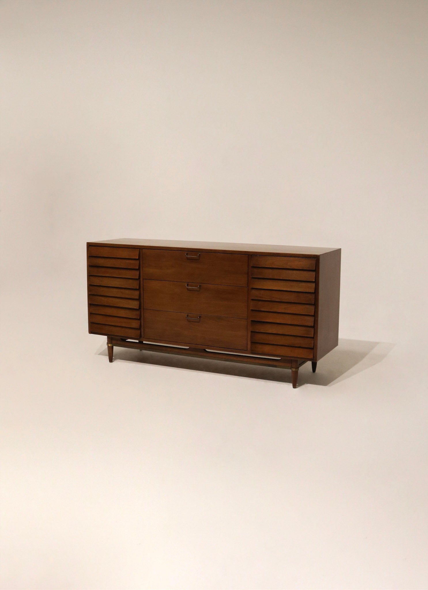 Full view of Mid-Century Modern walnut dresser, solid wood, 65L x 19D x 34H, sturdy drawers, minimal marks
